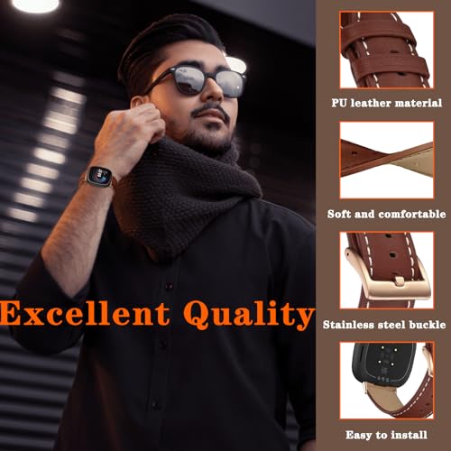 KoGiio Vintage Leather Strap for Fitbit Versa 4/Versa 3/Sense 2/Sense Men Women Replacement Soft Watch Straps, Yellow brown - Image 2