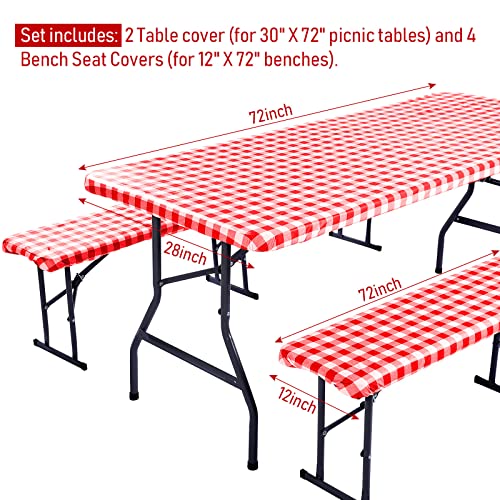 Oudain 6 Pcs Vinyl Picnic Table And Bench Cover Waterproof Fitted Rectangular Table Cover Elastic Edge Design Flannel Backing Plastic Table Cloth For Indoor Outdoor Camping, 30 X 72 Inch (Red, White) #TOP4