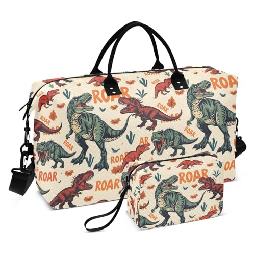 Cartoon Dinosaur Yellow Large Travel Duffle Bag Weekender Overnight Bags Gym Yoga Bag for Women Men with Toiletry Bag