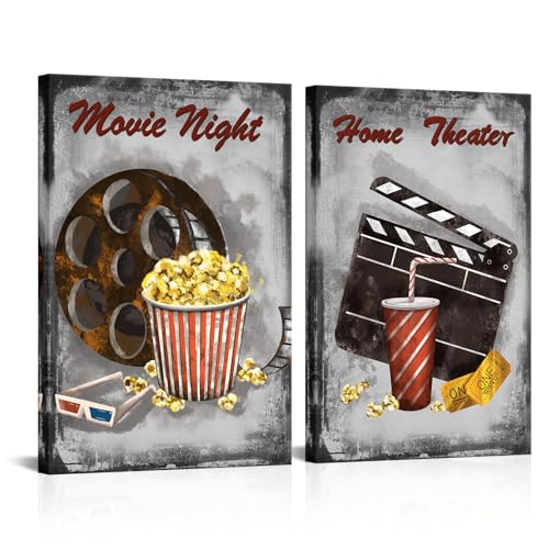 Zlove 2 Pieces Rustic Movie Theater Canvas Wall Art Old Film Reels Clapper Popcorn Poster...
