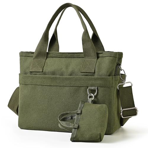 Small Canvas Tote Bag with Multi Pockets, Crossbody Shoulder Bag