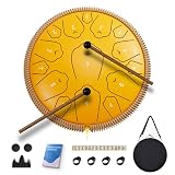 Steel Tongue Drum, 13 Zoll 15 Noten Zungentrommeln, C-Dur Drum Percussion Instrumente, Handpan Drums mit Notenbuch, Schlagzeugschlägel und Tragetasche (Gelb)