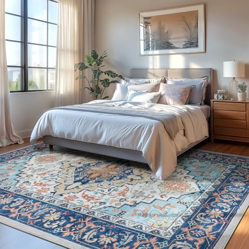 Lofus 6x9 Area Rugs for Living Room, Washable Area Rug, Rugs for Bedroom, Kitchen, Vintage Boho Carpet, Soft Non-Slip, Low Pile Large Area Rug for Office Dining Room, Floral Blue
