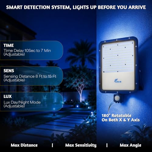Image of Forus 150W LED Flood Light Blue with Motion Sensor Auto On Off Day Night Mode Waterproof Outdoor Security Light for Garden Parking Garage Factory Warehouse Shop High Bright Floodlight 4Yr Warranty-1Pc