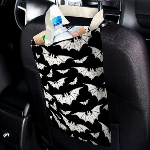 Image of IRADA Car Trash Bag Hanging No Snap Small Garbage Bag for Car Back Seat Cute Printed One-Handed Strap Trash Bags Car Accessories-Halloween Bat Car Trash Bags