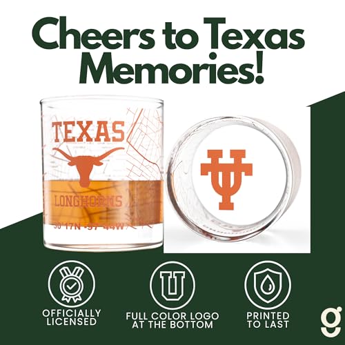 Image of Greenline Goods University of Texas Longhorns Whiskey Glasses Set of 2, 10 oz Rocks Glasses with Full-Color Logo & Campus Map - Officially Licensed Bourbon Glass Gift for Alumni & Fans