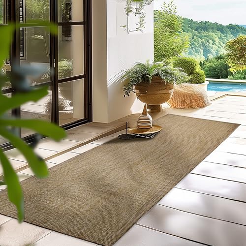 HomebyHome Outdoor-Teppich Flachgewebe Wetterfest Einfarbig Braun Küchenteppich, Balkon Terrassen Garten Wohnzimmer Teppich 80 x 250 cm