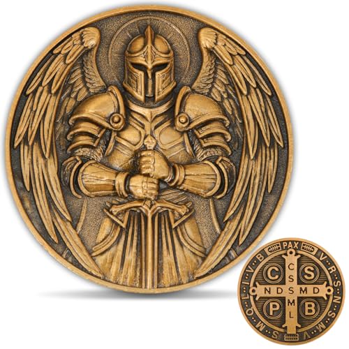 Saint Michael & St. Benedict Challenge Coin – Archangel Protection Pocket Coin with Clear Case, 3D Engraved Zinc Alloy for Collectors, Law Enforcement, Christians, Spiritual Gifts