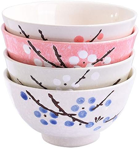 Japanese Rice Bowls Set of 4 - Japanese Style Hand-painted Floral Plum Ceramic Bowls set of 4 Color For Dessert Snack Cereal Soup