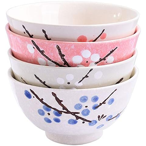 Whitenesser Japanese Rice Bowl Set of 4 Asian Style Hand-painted Floral Plum Ceramic Bowls For Dessert Snack Cereal Soup Sushi Sauce Cover