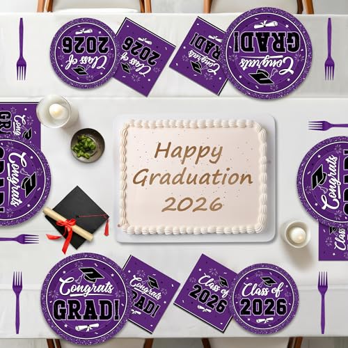 Image of Graduation Party Supplies Set for 50 Guests, Purple Graduation Plates and Napkins 2026, 200Pcs Disposable Grad Plates, Napkins, Dessert Plates and Forks for 2026 Wedding, Birthday, School Ceremony