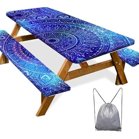 Picnic Table Cover with Bench Covers Camping Essentials Waterproof Windproof Camping Tablecloth with Drawstring Bag, Fitted Rectangle Tables and Seats, 72in, Blue Purple Cover