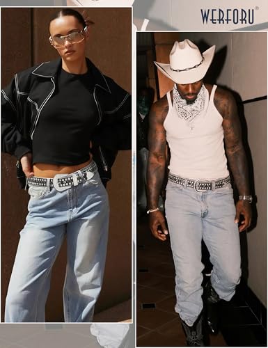 Image of WERFORU Women Men Western Rhinestone Studded Leather Belt Unisex Bling Cowgirl Cowboy Waist Belt for Jeans Pants Dress