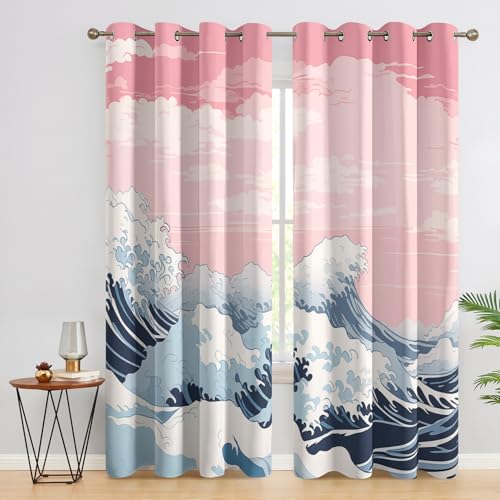 Japanese Wave Blackout Curtains for Bedroom Living Room, Asian Oriental Curtains Eyelet 54 Drop Home Decor, Patterned Window Drapes, 46x54 Inch 2 Panels A-M11