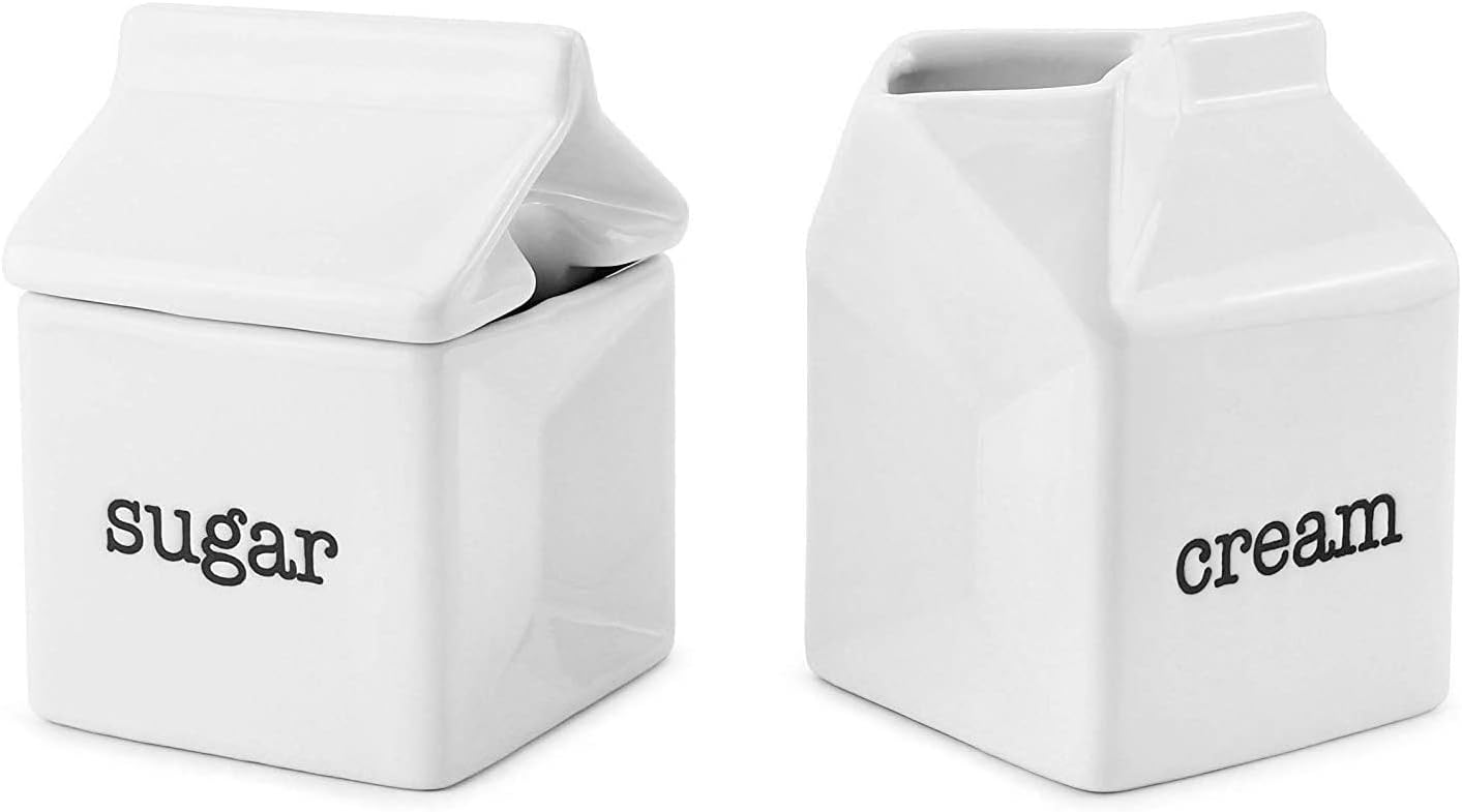 Darware Sugar and Creamer Set, Milk Carton Shaped White Ceramic Cream Jug and Sugar