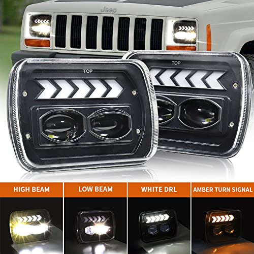 FNGET 7x6 LED Headlights, Sealed Beam 5x7 Headlights Square with White DRL Amber Sequential Turn Signal for Jeep Wrangler YJ Cherokee XJ Replaces H6054 H5054 H6054LL 69822 6052 6053 1 Pair