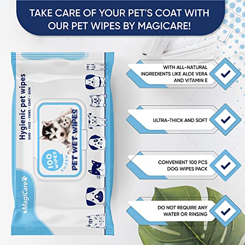 Image of MAGICARE Pet Wipes - 100 pcs Dog Wipes - 8x8 Inch Unscented Dog Paw Cleaner Wipes for Body, Ears, Face, and Skin - Ultra Thick and Soft with Hypoallergenic Formula - Ideal Pet Wipes for Dogs & Cats