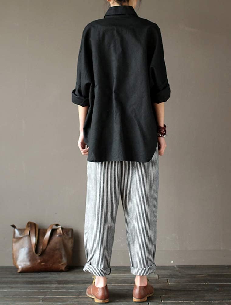 Minibee Women's Wide Leg Harem Pants Cotton Linen Striped Casual Palazzo Pants with Pockets - Image 5