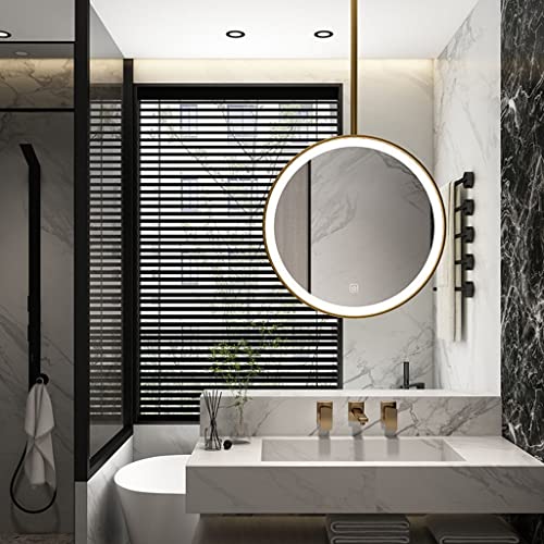 Espejo de baño con luz LED, marco de metal redondo, botón táctil, ligero, ideal para dormitorio, pasillo, sala de estar, decoración de pared elegante