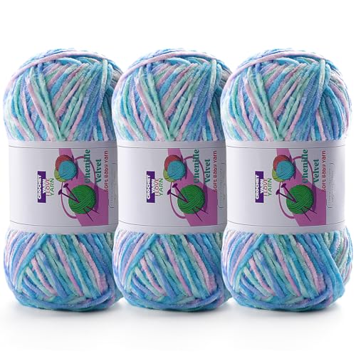 Image of 3 Skeins Soft Fluffy Velvet Yarn, Chenille Chunky Yarn for Hand Knitting and Crocheting DIY Craft, Amigurumi Crochet Yarn(3x196.8yds, 3x3.5oz) (Macaron)