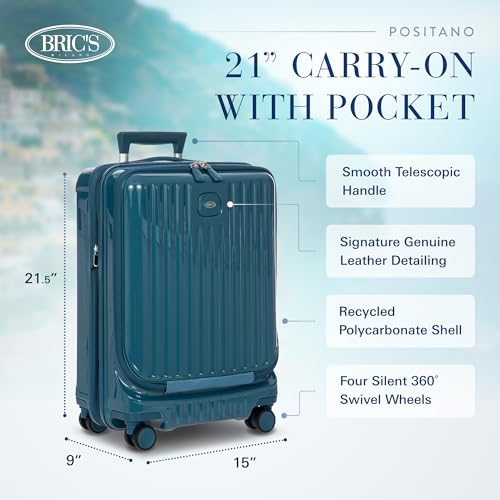 Image of Bric's Positano Trolley Spinner - Carry-On Luggage with Built-In USB Port and Lock - Lightweight Suitcases Made From Durable Polycarbonate - Protector Cover Included - 21 Inch with Pocket, Sea Green