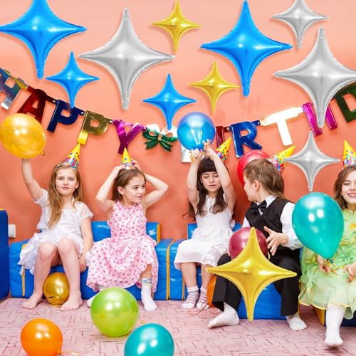 Image of Blue Gold Silver Star Balloons,12Pcs Four Angle Star Foil Balloons | 26Inch and 10Inch Blue Gold Silver Quadrangle Star Helium Balloon for Birthday Graduations Wedding Party Decorations