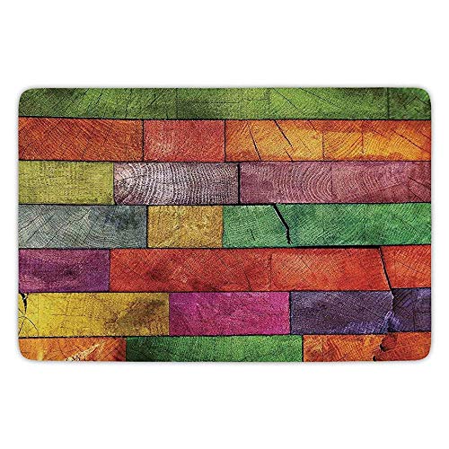BagsPillow Bathroom Bath Rug Kitchen Floor Mat Carpet,Rustic Home Decor,Vivid Colored Several Equally Pieced Timber Construction Vertical Column Image,Multi,Flannel Microfiber Non-Slip Soft Absorbent
