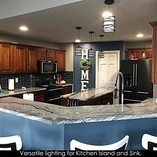 Fisgoni 3-Pack Modern Mini Pendant Light Fixture Kitchen Island Pendant Lighting 5.90''Matte Black Spiral Cage And Handblown Frosted Glass Shade Adjustable Cord For Dining Room Hallway Entryway #TOP2