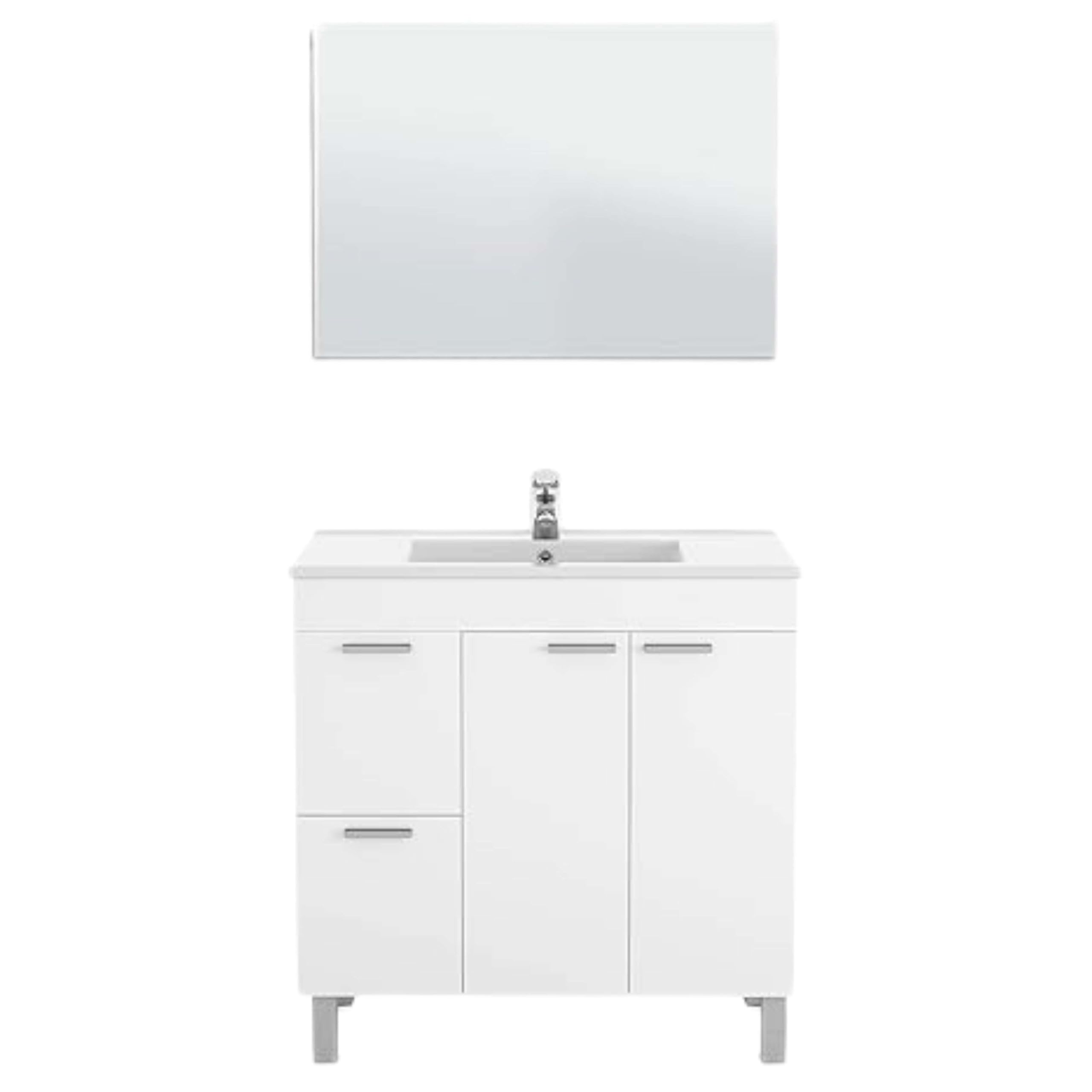 ARKITMOBEL Mueble de Baño con 2 Puertas 2 Cajones y Espejo, Módulo Baño, Color Blanco Brillo, Medidas: 80 x 80 x 45 (Alto x Ancho x Fondo, en centímetros), Modelo Aktiva (Lavabo no Incluido)