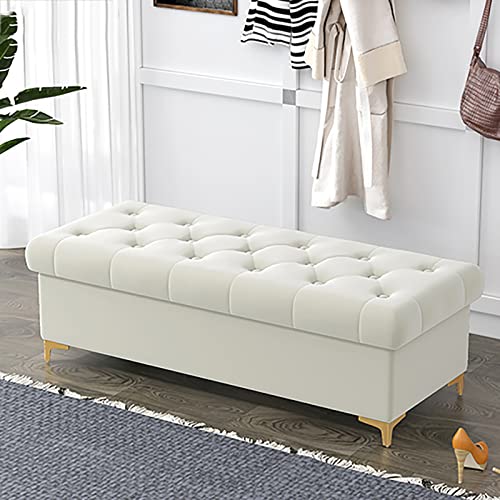 Lujoso banco de almacenamiento otomano de terciopelo blanco moderno asiento tapizado para dormitorio y sala de estar, elegante extremo de la cama, baúl de almacenamiento de 100 x 40 x 40 cm, mueble