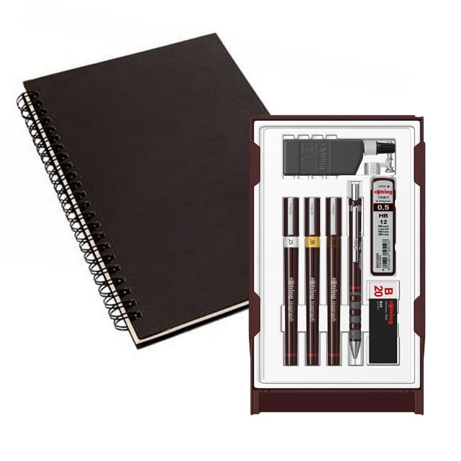rOtring Isograph Fineliner Pen & Pencil College Set S0699380 | 3 Stylos techniques (0,25 mm, 0,35 mm, 0,50 mm) et porte-mine (0,5 mm) | Accessoires avec carnet