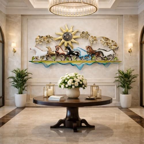 Image of Framing Hub - Metal Wall Decorative Multicolor Large Seven Running Horses with Sunrise Floral Design Wall Hanging Decor for Vastu Living Room (Size 51x29 Inch)