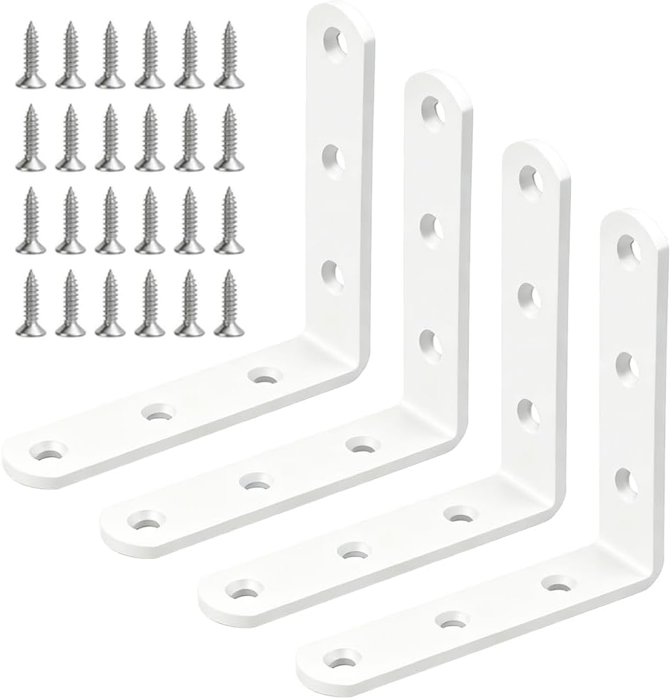 4 Pcs White Stainless Steel L Bracket 3 x 3 inch Heavy Duty Corner Brace Joint Metal Right Angle Brackets Fastener for Wood, with Screw
