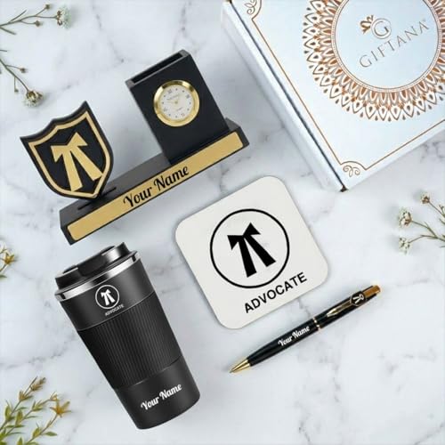 Image of Giftana 2 in 1 Personalized Desk Table Organizer with Pen Gift Set for Doctors, Customized Pen Stand Table Clock & Calendar 4 in 1 Advocate Symbol