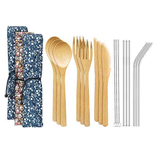 Bamboo Cutlery Set with 8.5 inch Stainless Steel Metal Straw and Cleaner，7.8 inch Bamboo Utensils for Travel and Camping，Portable with Case To Go (Set3)
