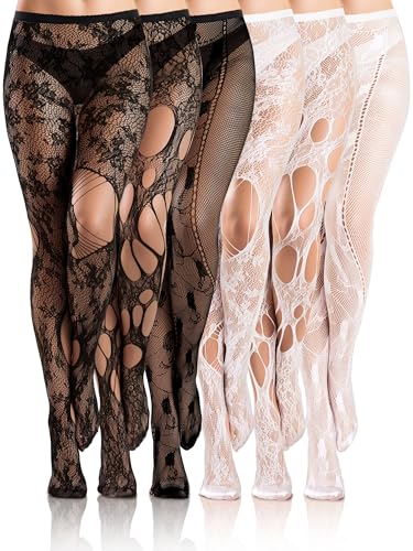 Image of Fourluoo 6 Pairs Women Fishnet Tights Lace Ripped Spider Web Fishnets Leggings Mesh Pantyhose Thigh High Stockings