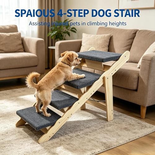 Wooden Dog Stairs, 2-in-1 Floded Flat Design Dog Steps for Beds Cars Couch, Anti-Slip Pet Ramp with 4 Steps, Indoor Pet Stairs for Small Medium Large Pet, up to 150 lbs by Garvee - Used condition - Image 2
