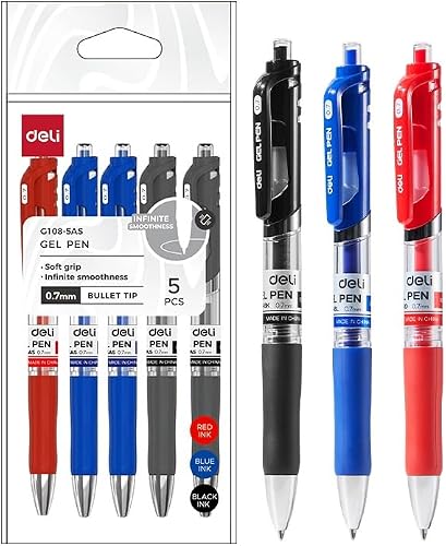 Deli Gel Pen 0.7mm 5 Pcs, 2 Black & 2 Blue & 1 red Ink