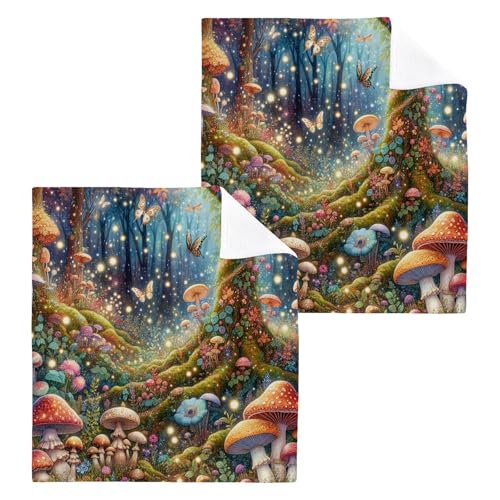 YANENDIE Fairyland Forest Mushrooms Washcloths Towels, Highly Absorbent and Soft Cotton Face Cloths, 2 Pack Quick Dry Wash Cloths - 12 X 12 Inches