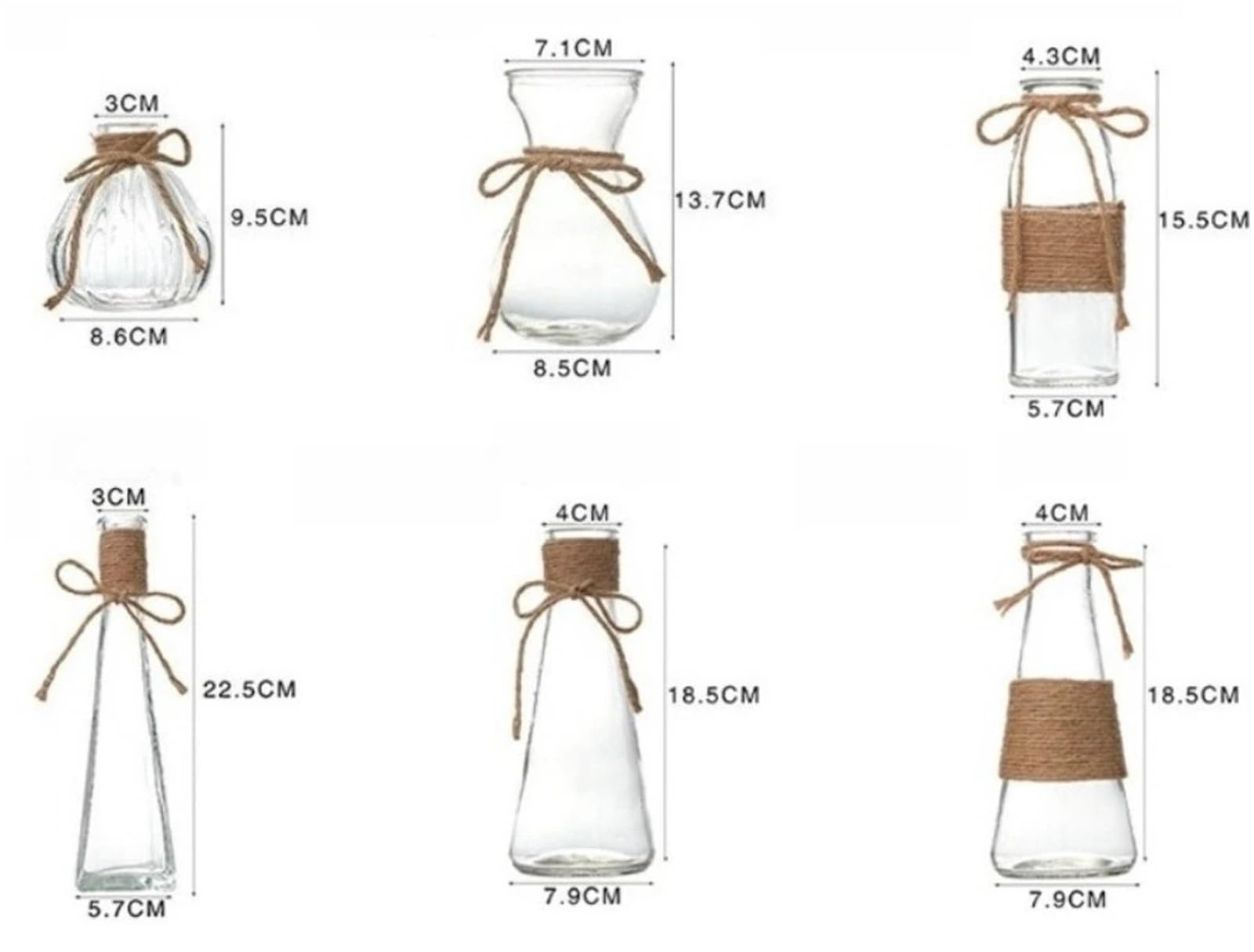 Vase Hydroponique Verre Ensemble de Vases en Verre Transparent, 6 pièces, Bricolage, Corde Chanvre, Artisanat, Fleurs nourrissantes à l'eau, décoration Salon Mariage, jardinière
