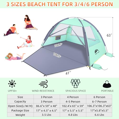 Happy Travel Beach Tent, UPF 50+ UV Protection Sun Shade Shelter for 3/4/5/6/7/8 Person, Portable Beach Canopy for Famil - Additional View