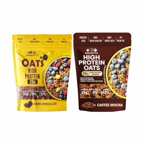 Image of GrowFitz 25g High Protein Oats 800 Gram, Pack of 2 | Chocolate & Coffee Mocha Flavor Combo Breakfast Oatmeal | 17g High Fiber, Almonds, Raisin, Pumpkin, Chia Seeds, Super Rolled Oats | No Added Sugar