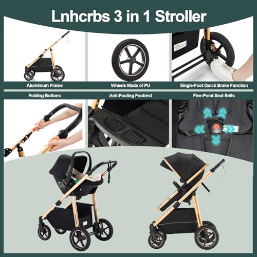 Lnhcrbs Kinderwagen 3 in 1, Kinderwagen & Buggys mit Autositz mit verstellbarem Griff, Kinderwagen mit Feststellbaren Vorderrädern, für 22 kg, 0-4 Jahre(Schwarz)
