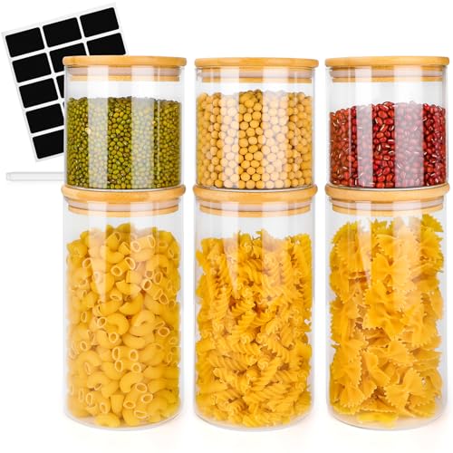Otauoaea Tarros de Cristal con Tapa Bambú, Juego de 6 Botes Cristal Grandes, Frascos de Vidrio para Cereales Espaguetis Pasta (1400ml x3, 780ml x3)