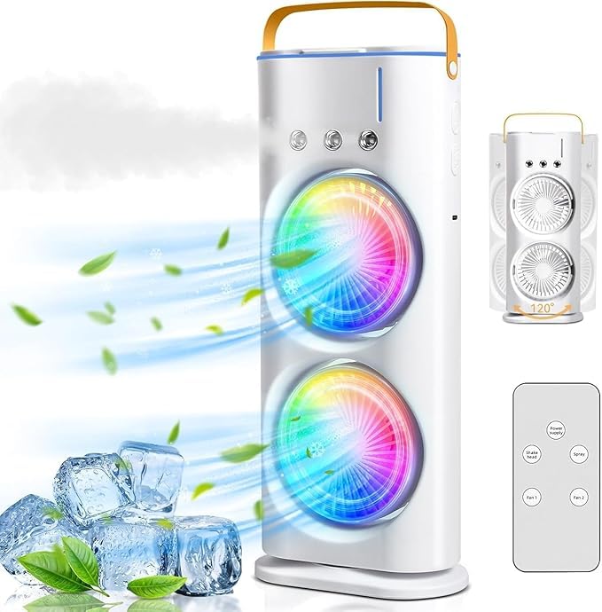 Image of TMY Mini Cooler Double Fan, 2026 USB Rechargeable 3-Speed Quiet Dual Spray Fan, Air Cooler with LED, Remote & 280ml Tank for Home, Office, Energy Saving (TMY17)