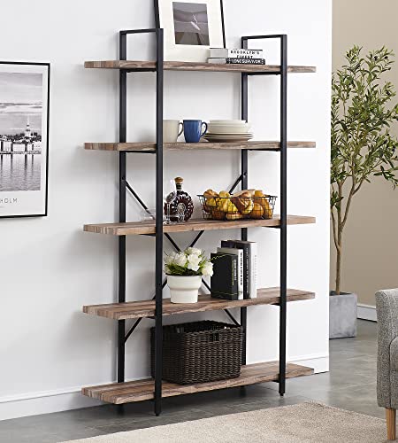 O&K FURNITURE 5 Tier Bookshelf, 5 Shelf Industrial Bookcase 70 Inch Tall, Wood and Metal Book Shelf for Living Room, Bedroom, Kitchen Home Office, Rustic Brown