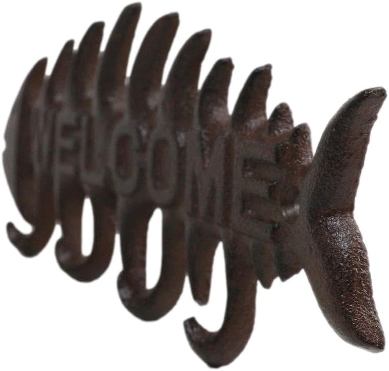 Miniatura 7 de Ebros Gift Ganchos de pared cuádruples de hueso de pescado de agua costera marina de hierro fundido rústico con letrero de bienvenida escultura
