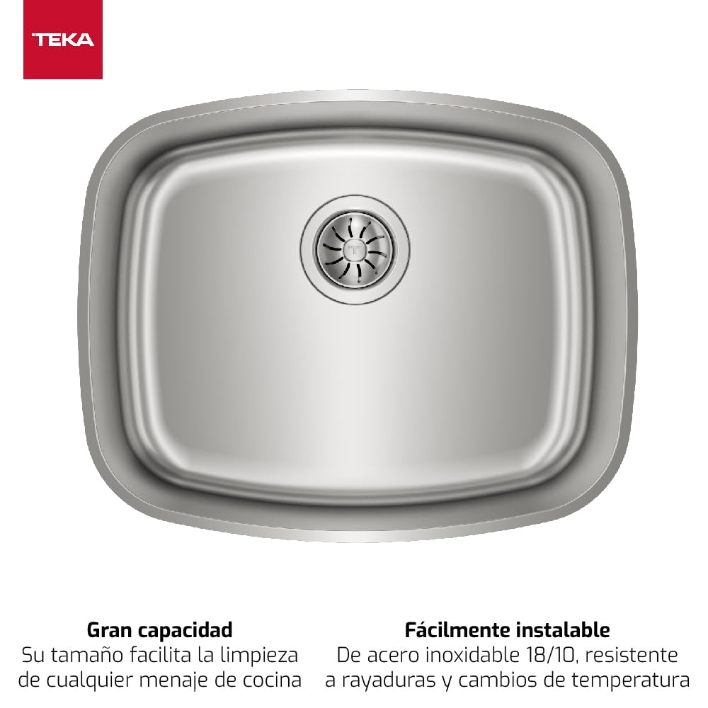 TEKA Fregadero Bajo Encimera 1 Seno, Acero Inoxidable 18/10, Válvula Canasta