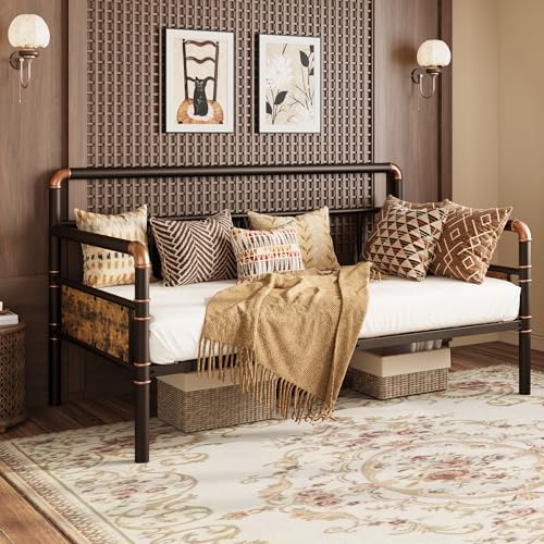 IDEALHOUSE Twin Daybed with Classic Headboard,Metal Twin Bed Frame Heavy Duty Steel Slats Support,Sofa BedFrame for Living Room, Guest RoomNoise Free, No Box Spring Needed, Brown