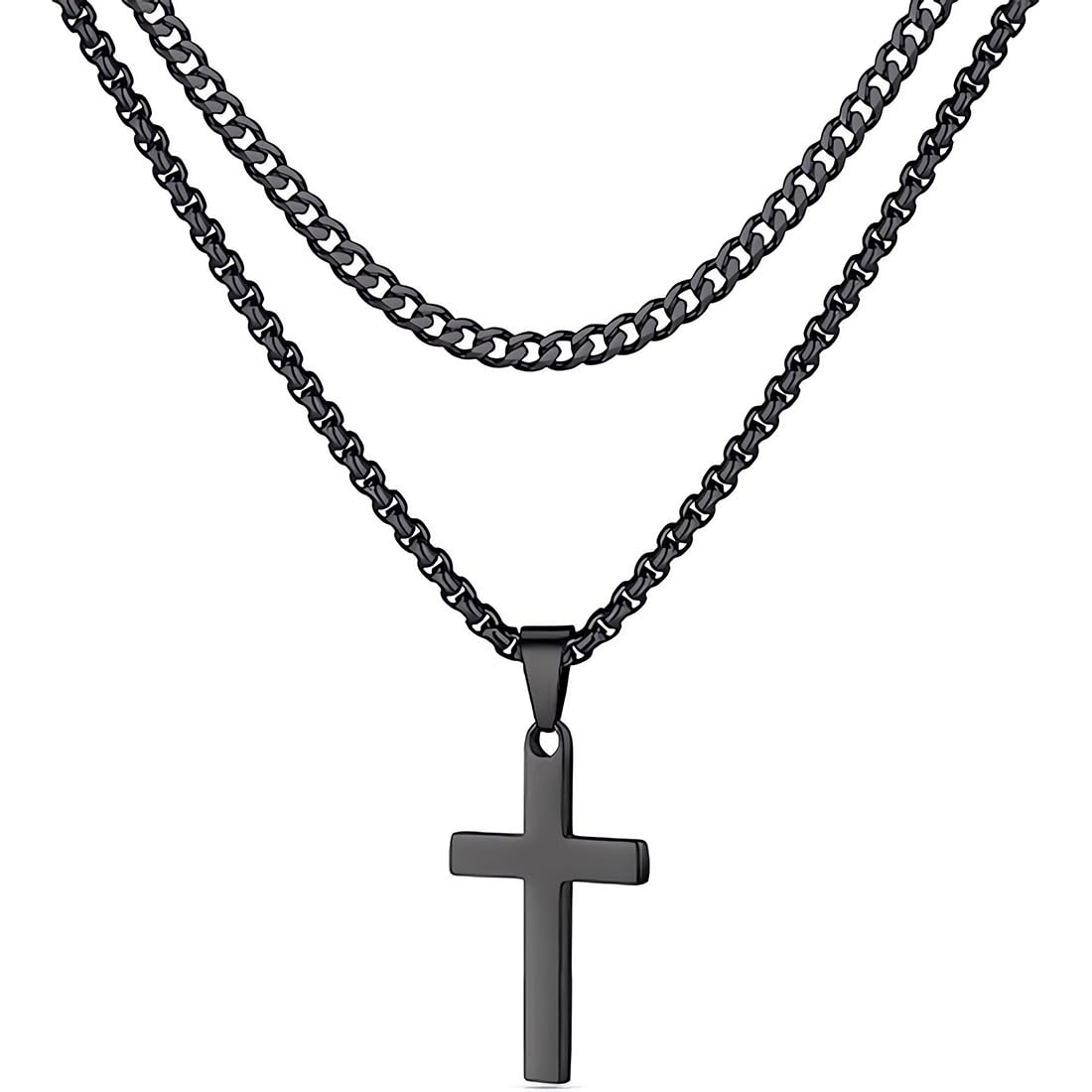 YHIJSR Collar de cruz de acero inoxidable con doble cruz para hombres y mujeres, collar con colgante de crucifijo con cadena de eslabones Croix negra